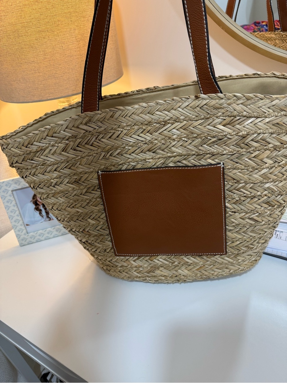 Universal Thread Natural Straw Tote with Brown Leather Pocket and Straps